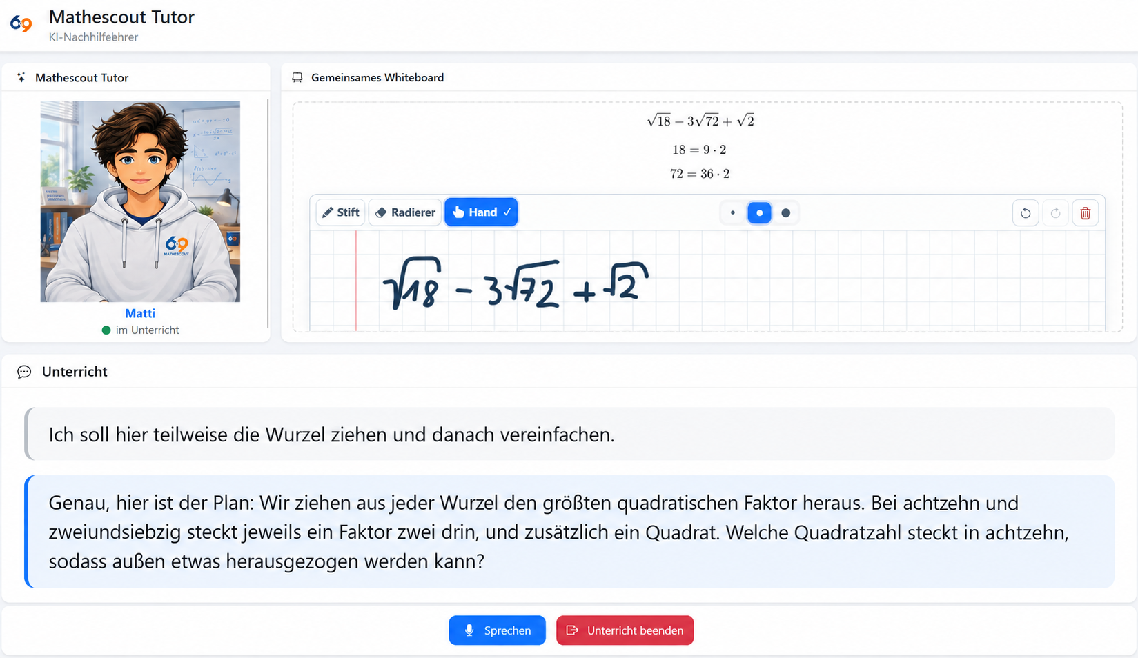 KI-Mathetutor mit handschriftlichem Tafelbild, Dialogfrage und ausführlicher Tutorantwort
