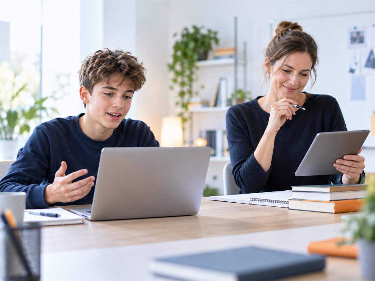 Ein Schüler lernt Mathematik am Laptop, während eine Lehrkraft Unterricht vorbereitet